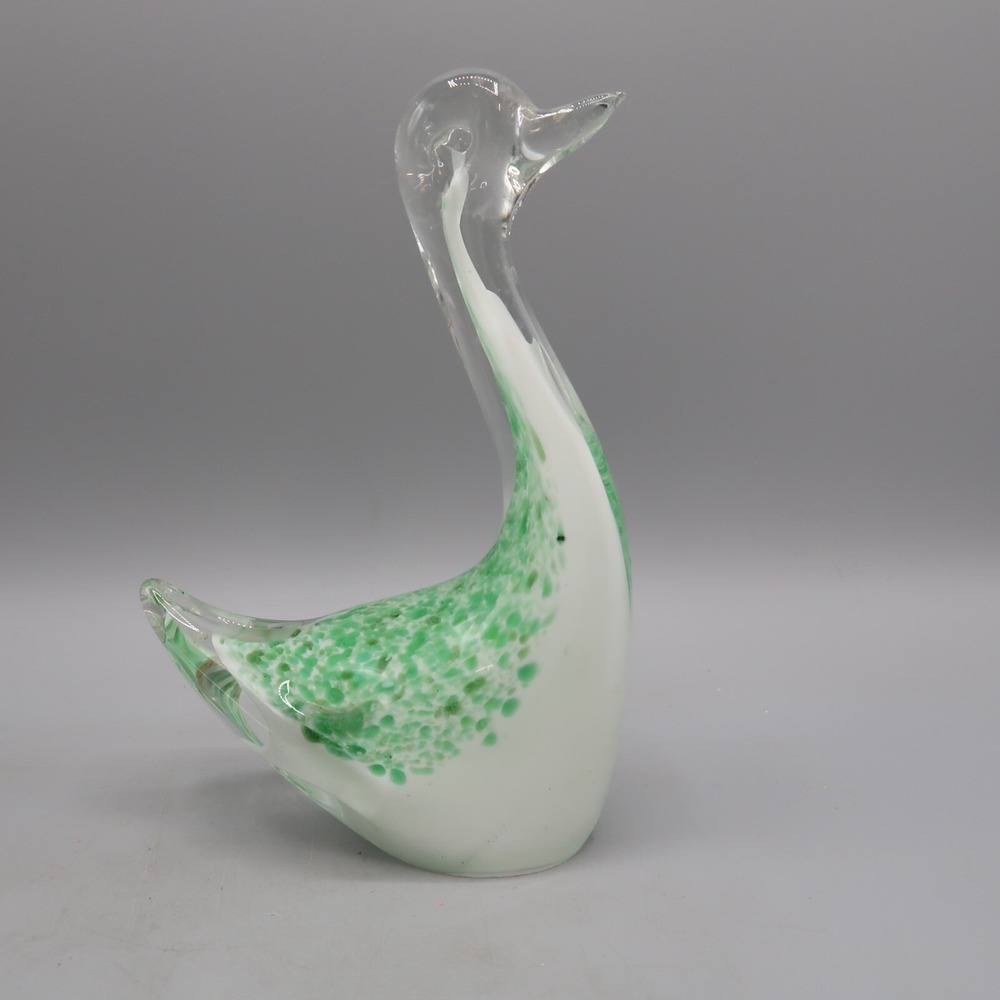 Handmade Glass Swan Bird Figurine Green White Clear 6 inches Tall Paperweight